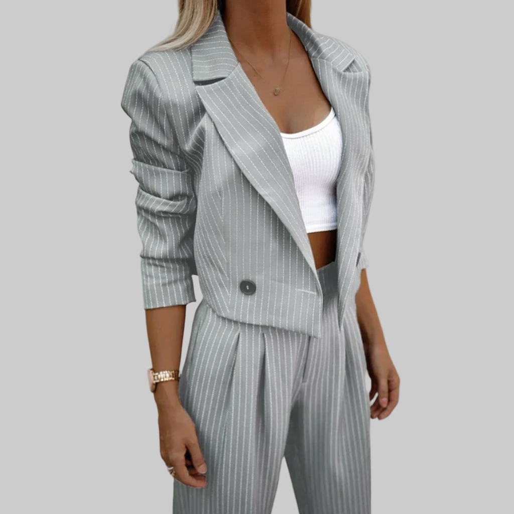 Marvea Conjunto Mujer | Set de Blazer Cropped y Pantalón a Rayas