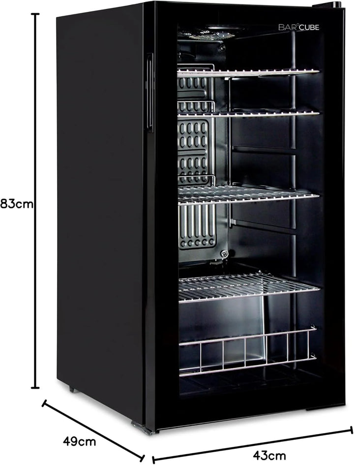 °CUBES Getränkekühlschrank 90L mit Glastür & 4 variablen Ablagen | Kompakter Flaschenkühlschrank, perfekt für zu Hause, Büro, Partys & Gastro | Stilvoller Kühlschrank mit Glastür, schwarz