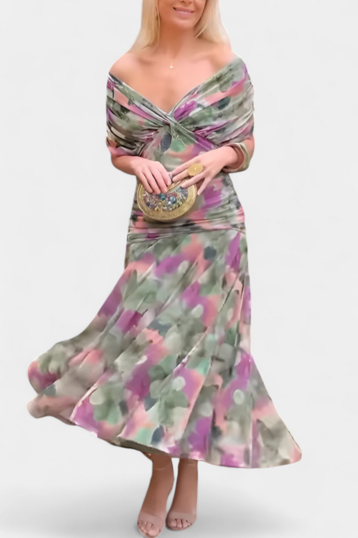 Vestido Largo Estampado Floral con Escote en V y Cintura Plisada | Vestido de Fiesta Elegante para Mujer y Eventos Especiales