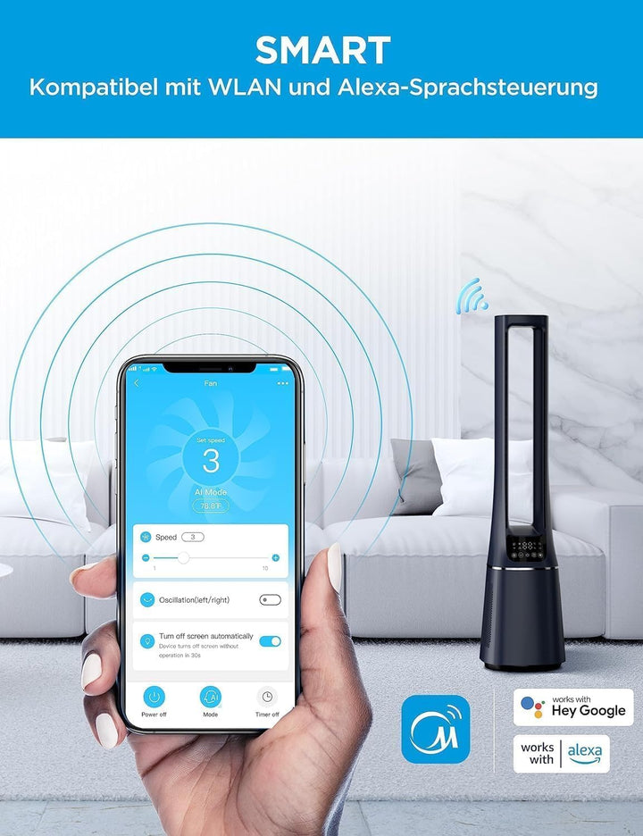 Midea MFP-120i (BL) 2 in 1 Turmventilator Leise 38dB Luftreiniger H13 True HEPA auf 47.6 ㎡ LED Display Fernbedienung Oszillation 12H Timer Kompatibel für Wireless Connection App Alexa Google