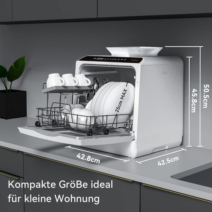 Hermitlux Mini Geschirrspüler, Spülmaschine für 4 Bestecksätze, 5 Liter Wassertank, 6 Programme Mini Tischgeschirrspüler, Perfekt für Wohnungen, Schlafsäle, Camping, Weiß