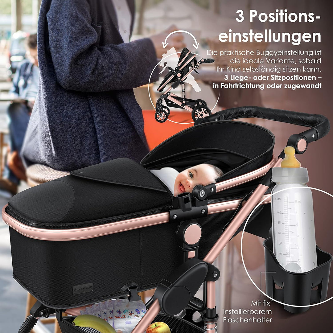 KESSER Loops 3 in 1 Kinderwagen Kombikinderwagen Komplett-Set inkl. Babywanne & Buggy Sportsitz & Auto-Babyschale Voll-Gummireifen Wickeltasche Regenschutz Kindertisch ECE R129, Schwarz/Champagne