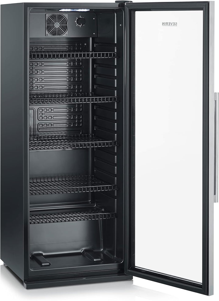 SEVERIN Flaschenkühlschrank, mit integriertem Schloss und integrierter LED-Beleuchtung, 118 L Nutzinhalt, schwarz/silber, FSK 8840