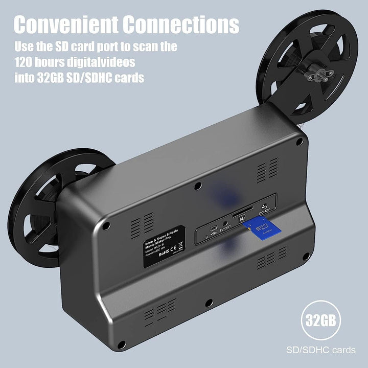 Super 8 Film Scanner, Converts Film in Digitales Video(3, 5, 7 und 9 Super 8/8 mm Film Rollen) MovieMaker/Film Digitizer, Super 8 Digitalisieren, mit 32 GB Speicherkarte und 2,4 LCD