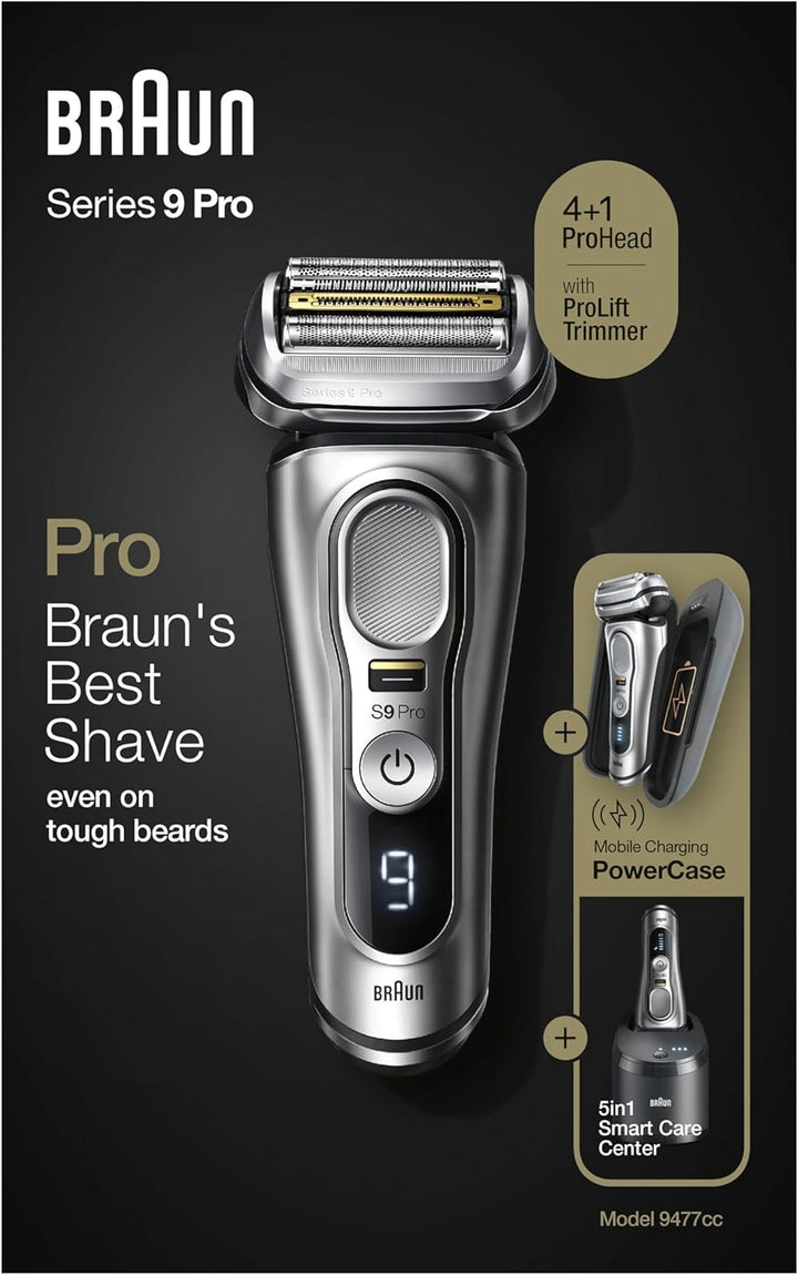 Braun Series 9 Pro Premium Rasierer Herren mit 4+1 Scherkopf, Elektrorasierer & ProLift Trimmer, PowerCase, 5-in-1 Reinigungsstation, 60 Min Laufzeit, Made in Germany, 9477cc, silber