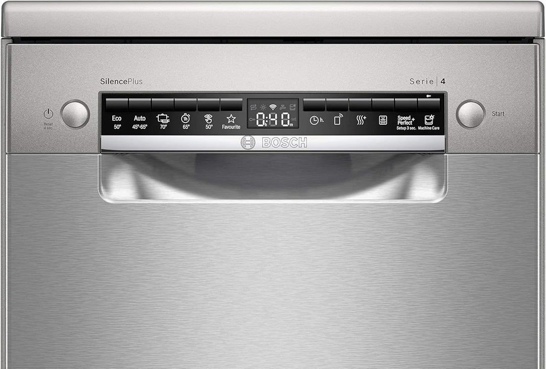 Bosch SPS4HMI61E Serie 4 Freistehender Geschirrspüler / E / 45 cm / Edelstahl / 76 kWh/100 Zyklen / 10 MGD / SuperSilence / Extra Trocknen / VarioSchublade / Home Connect