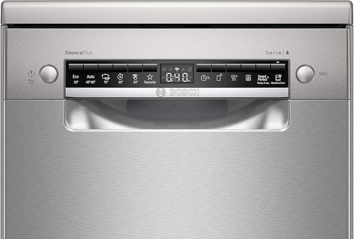 Bosch SPS4HMI61E Serie 4 Freistehender Geschirrspüler / E / 45 cm / Edelstahl / 76 kWh/100 Zyklen / 10 MGD / SuperSilence / Extra Trocknen / VarioSchublade / Home Connect