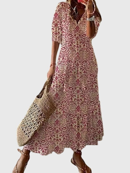 Letní boho šaty pro ženy ve vintage stylu s výstřihem do V | Lehký a vzdušný dlouhý bohémský šaty na každodenní nošení