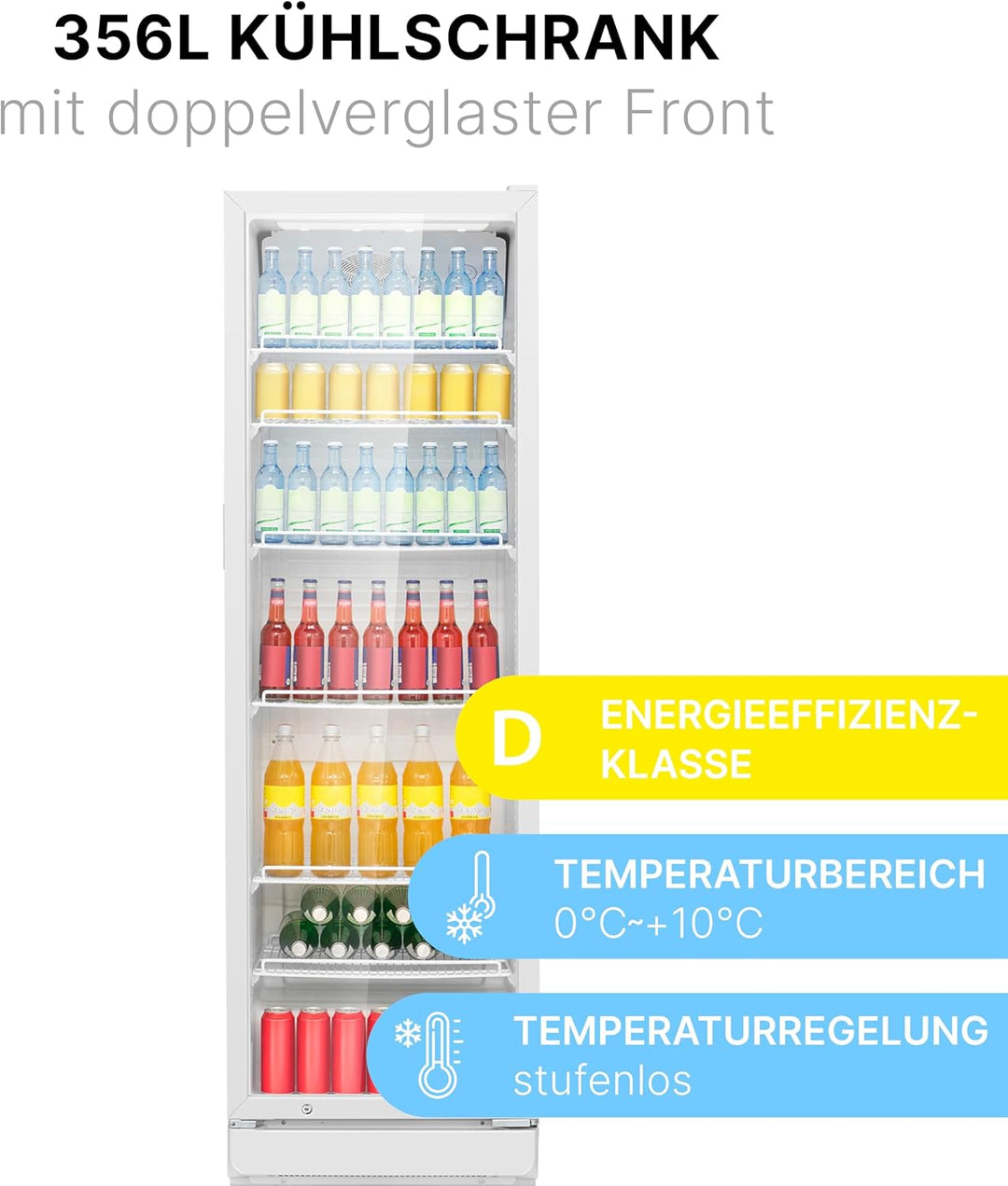 Bomann Kühlschrank mit Glastür | Getränkekühlschrank abschließbar | 6 höhenverstellbare Ablagen | 30kg je Ablage | 347 Liter | Kühlschrank groß | Flaschenkühlschrank m. LED-Licht | KSG 7351 schwarz