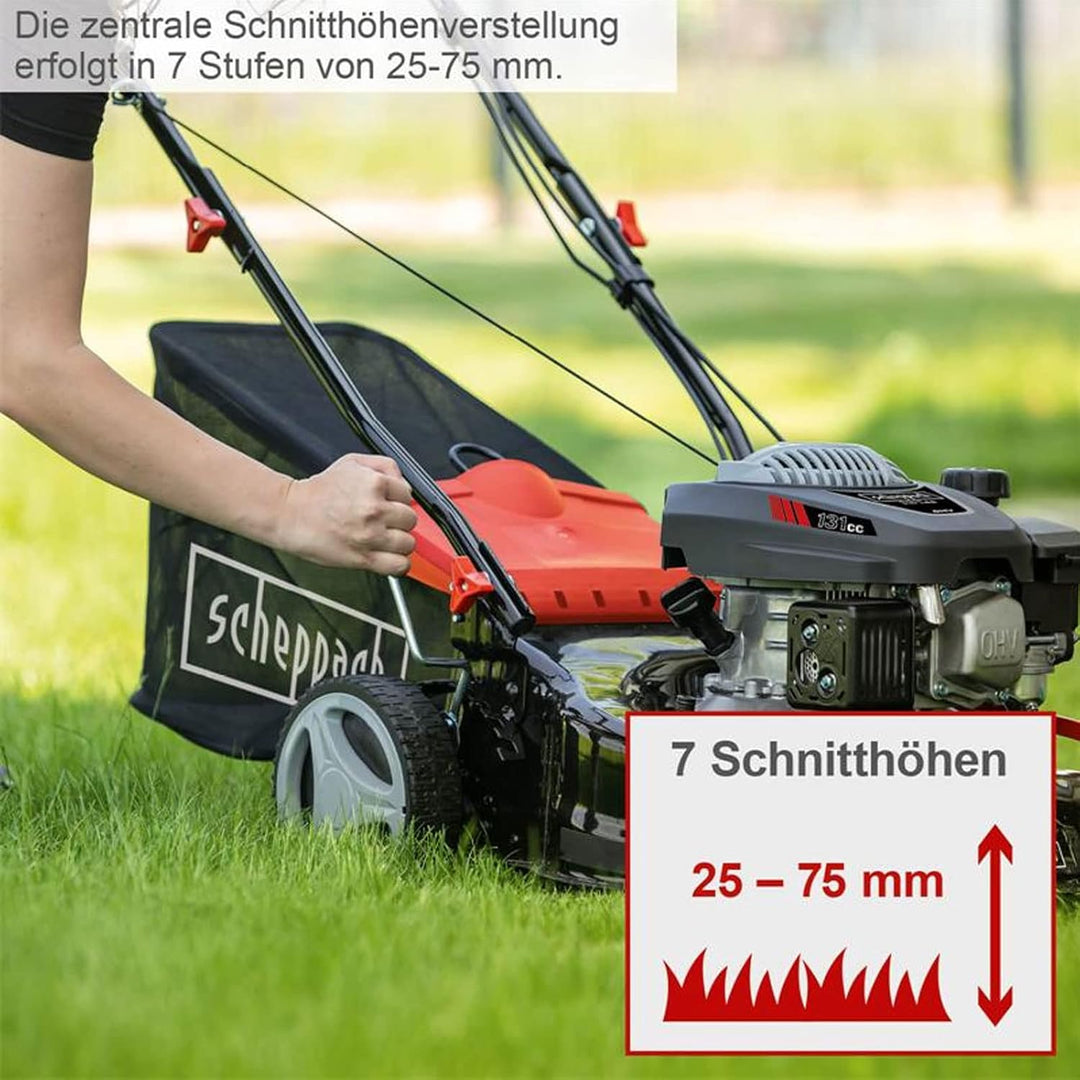 Scheppach Rasenmäher RM420 | 3in1-3,4PS | Schnittbreite 420mm | 45L Fangkorb | Schnitthöhenverstellung 25-75 mm | inkl. Motoröl