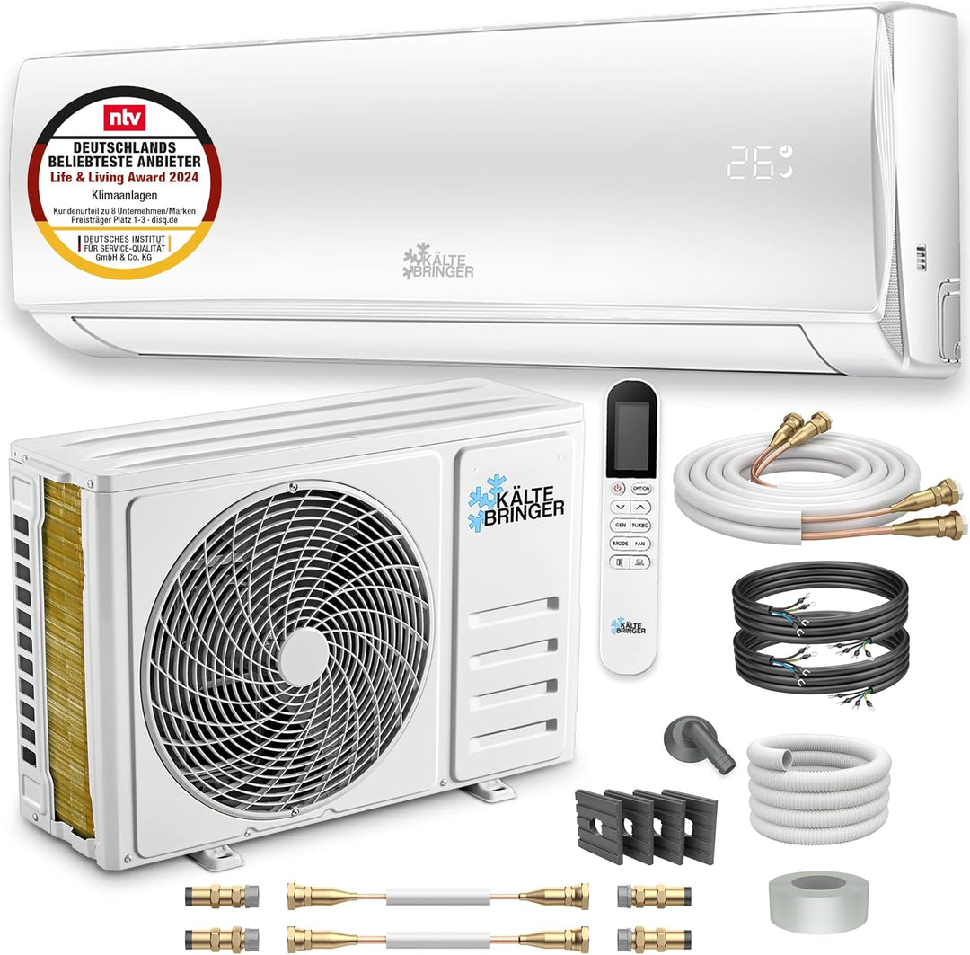 Kältebringer Split Klimaanlage Quick Connect - 12000 BTU (3,4 kW) Klimagerät mit Heizfunktion, WiFi & App, bis 91qm, sehr leise - 5m Kupferleitung, Kältemittel R32, Montagematerial, Wandhalterung