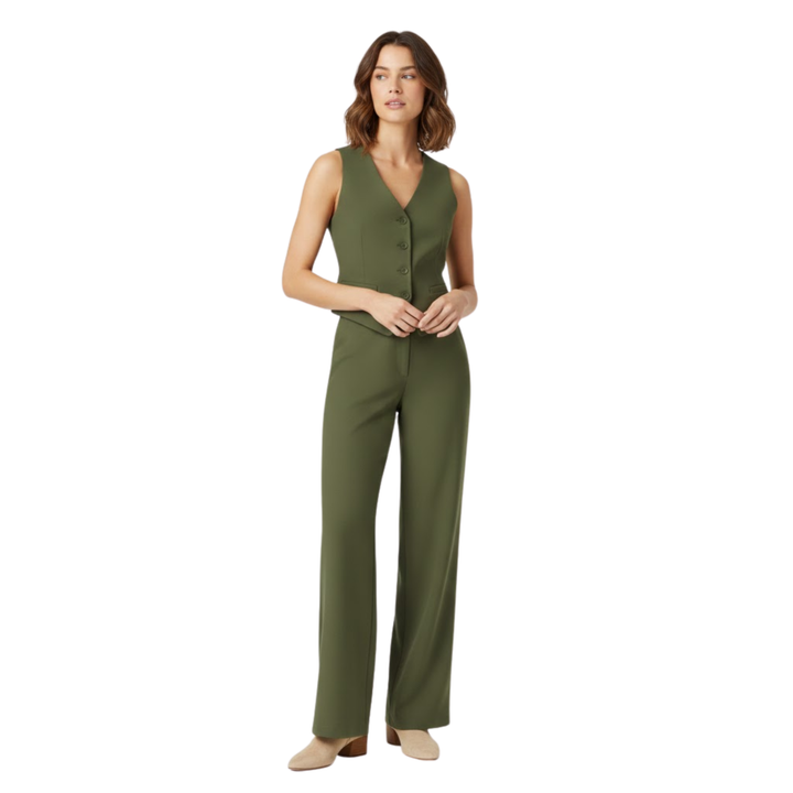 Conjunto de Dos Piezas: Chaleco sin Mangas con Escote en V y Pantalón de Pierna Ancha de Cintura Alta