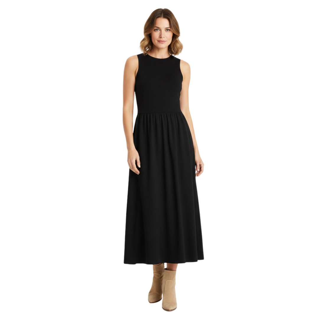 Robe maxi sans manches ajustée et évasée pour femme avec col rond et silhouette jusqu'à la cheville