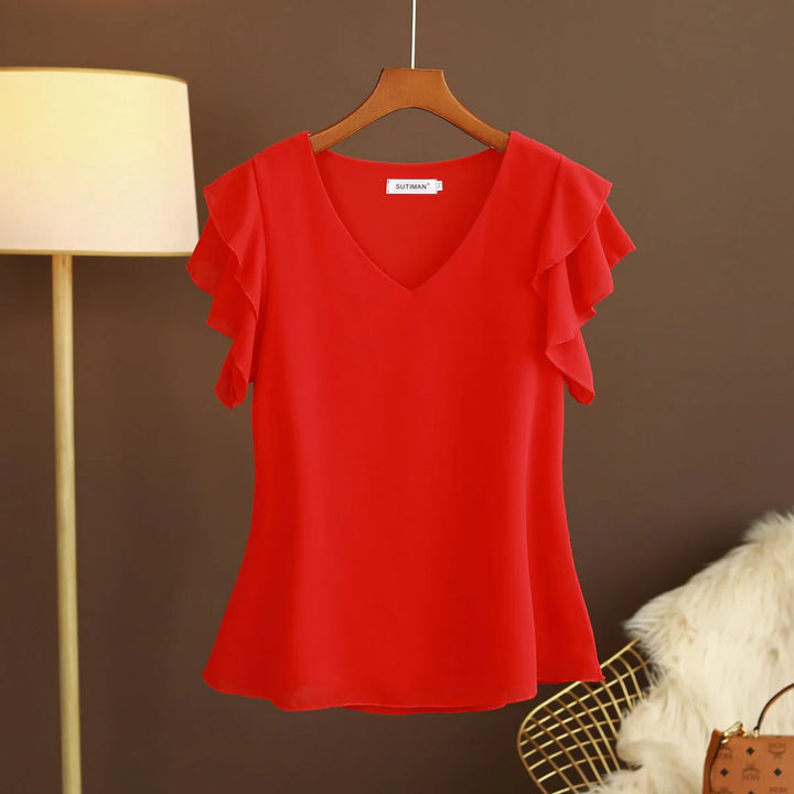 Blusa elegante de gasa para mujer con mangas fluidas y escote en V