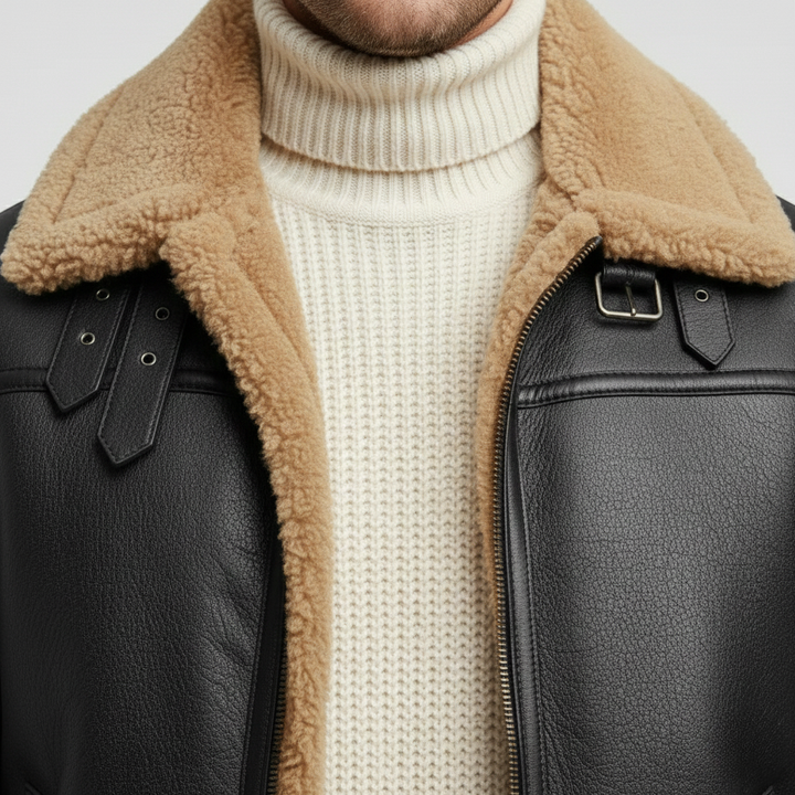 Pánská kožená bunda s beránkem v barvě velbloudí srsti na zimu