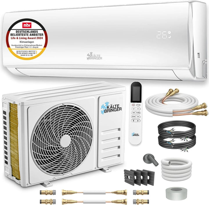 Kältebringer Split Klimaanlage Quick Connect - 12000 BTU (3,4 kW) Klimagerät mit Heizfunktion, WiFi & App, bis 91qm, sehr leise - 5m Kupferleitung, Kältemittel R32, Montagematerial, Wandhalterung