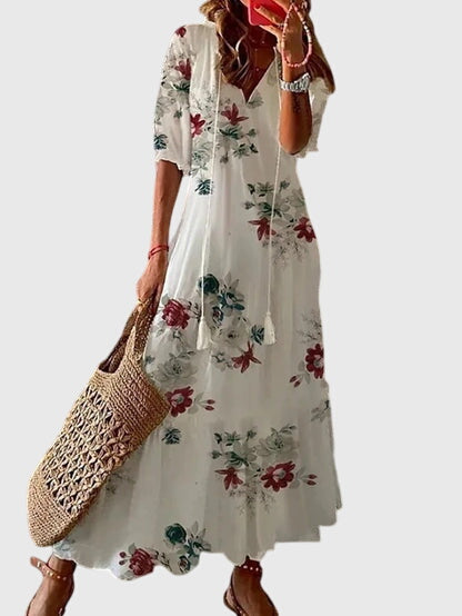 Letní boho šaty pro ženy ve vintage stylu s výstřihem do V | Lehký a vzdušný dlouhý bohémský šaty na každodenní nošení