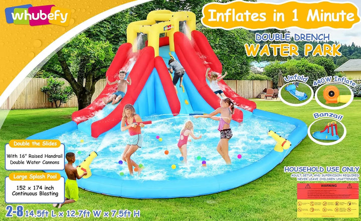 Aufblasbare Wasserrutschen für Kinder, 8-in-1-Hüpfburg-Wasserpark mit 450-W-Gebläse, Kletterwand, Planschbecken, 2 Wasserkanonen, Basketballkorb, Wasserrutsche, Krokodilsprinkler als Geschenk für eine Gartenparty