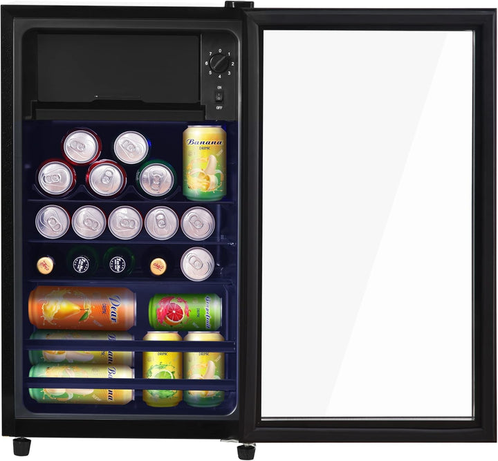 Merax Kühlschrank 128L, Freistehend Getränkekühler mit 120L-Kühlschrank + 8L-Gefrierschrank, mit LED-Innenbeleuchtung und Verstellbare Einlegeböden, Superleise für Restaurant, Bar, Getränke und Bier