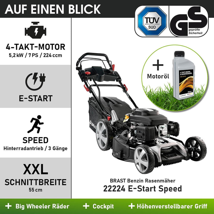 BRAST® Benzin Rasenmäher mit Antrieb | 5,2kW (7PS) | 55cm Schnittbreite | viele Modelle | TÜV | 30-80mm Schnitthöhe | 60L Fangkorb | 4 Takt OHV Motor | Stahlgehäuse | Power