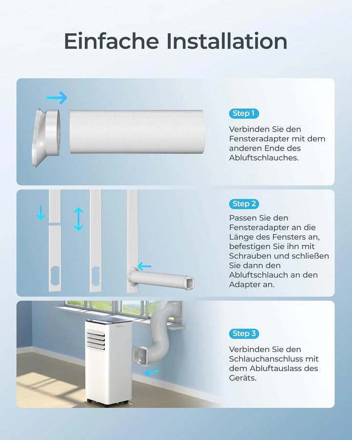 Mobile Klimaanlage 9000 BTU mit Abluftschlauch | 4-in-1 Mobiles Klimagerät | Leiser Betrieb