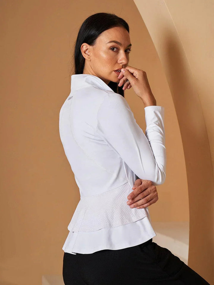 Dámská golfová bunda s ochranou proti slunci | Lehká sportovní bunda na zip s volánkovým detailem