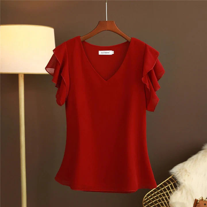 Blusa elegante de gasa para mujer con mangas fluidas y escote en V
