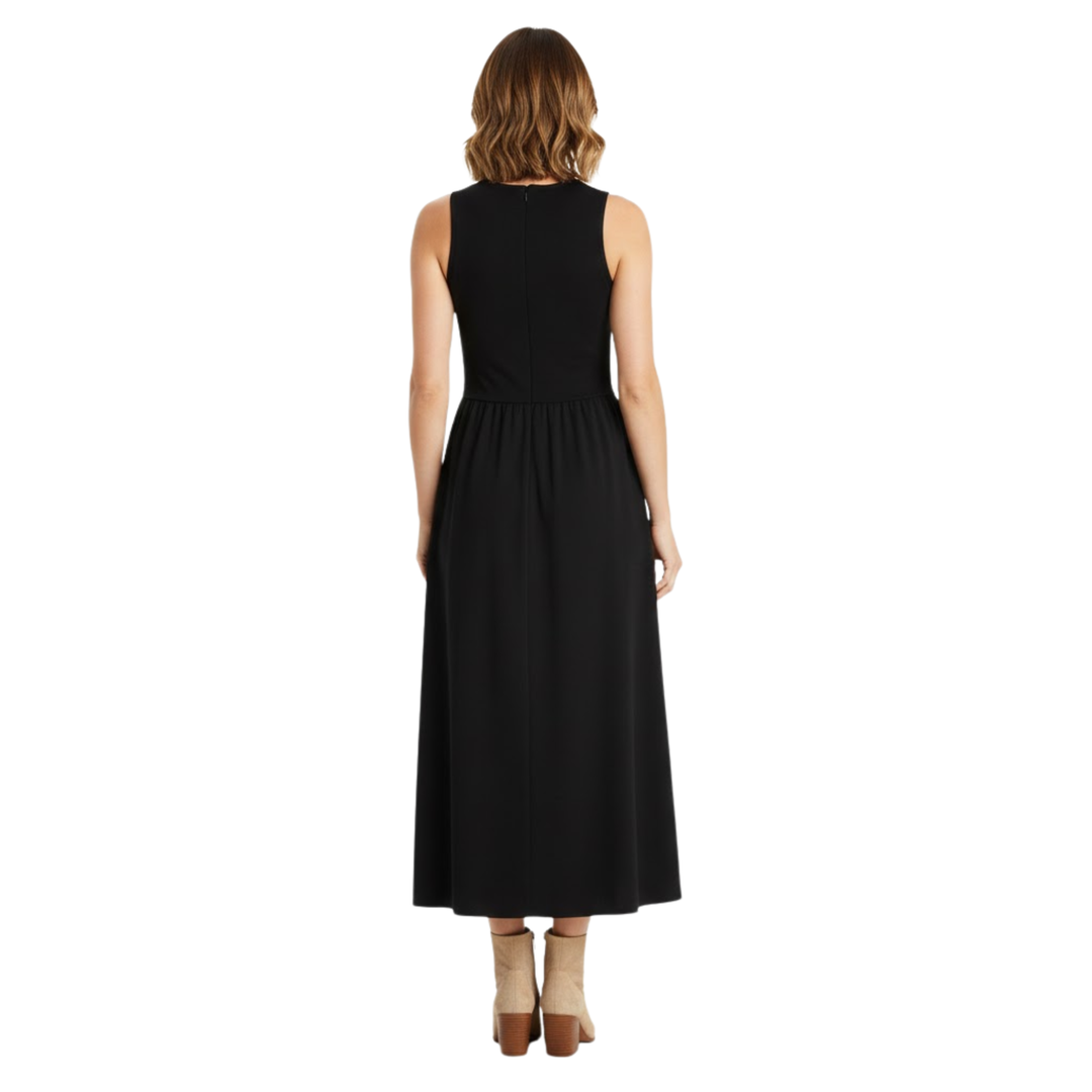 Robe maxi sans manches ajustée et évasée pour femme avec col rond et silhouette jusqu'à la cheville