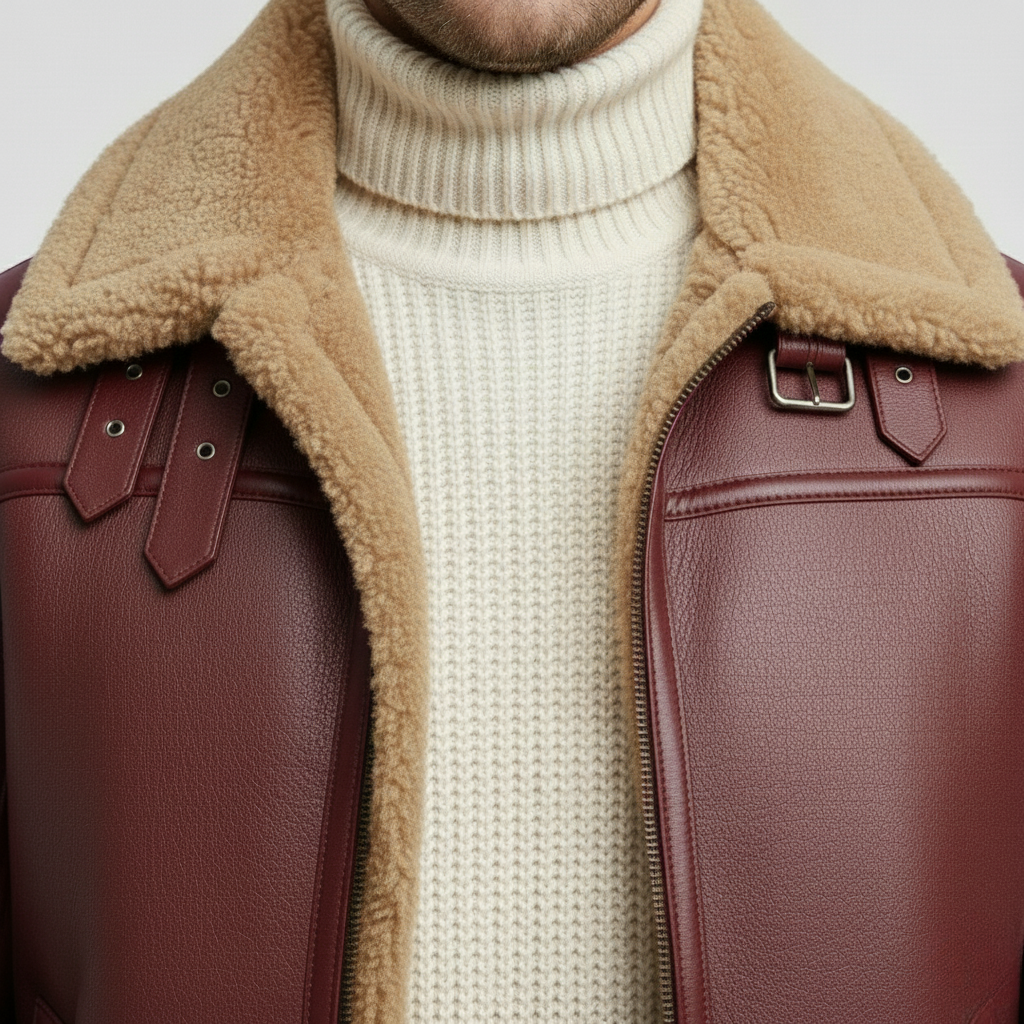 Pánská kožená bunda s beránkem v barvě velbloudí srsti na zimu
