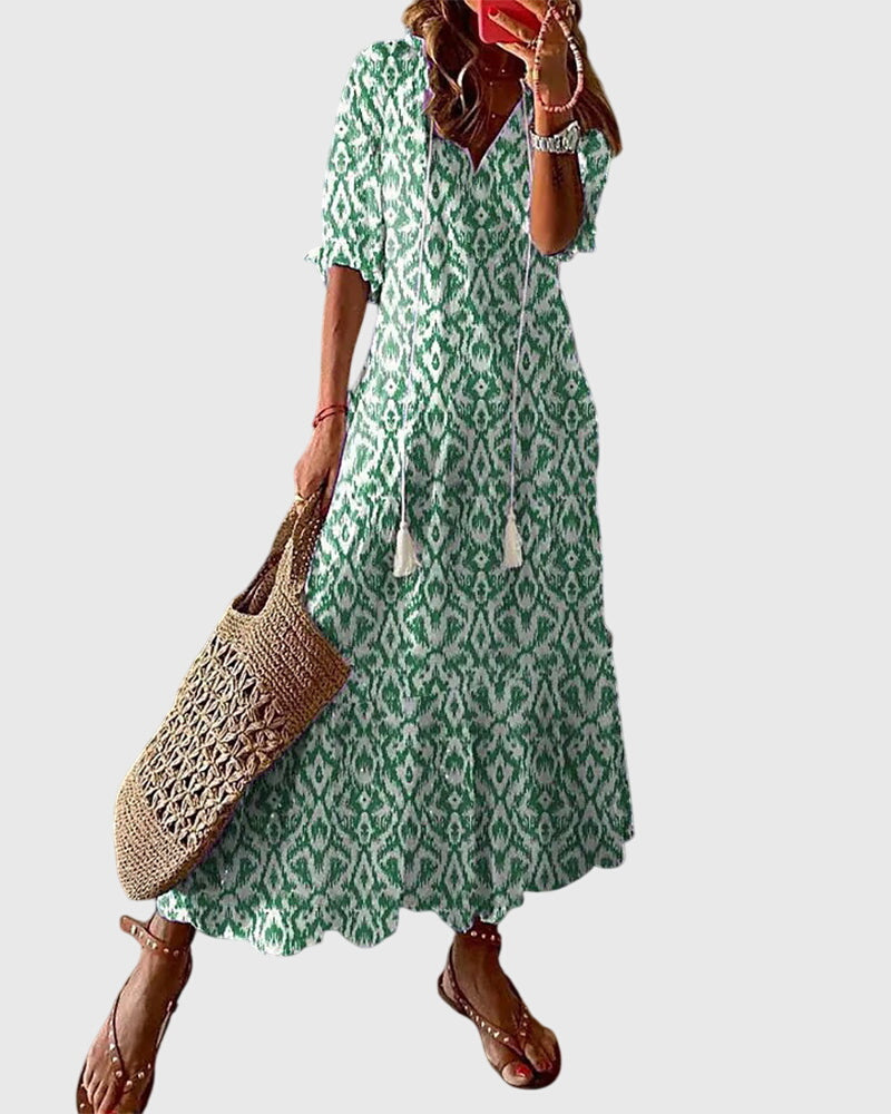 Letní boho šaty pro ženy ve vintage stylu s výstřihem do V | Lehký a vzdušný dlouhý bohémský šaty na každodenní nošení