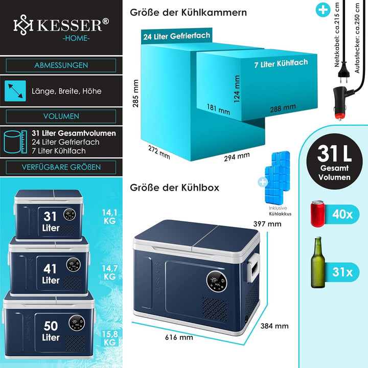 KESSER Kompressor Kühlbox 2in1 Doppelzone Kühl & Gefrierfach elektrische Gefrierbox mit 2x Kühlakkus & LED-Touch-Bedienung | Kühlschrank Kühlung bis -20 °C für Camping, Auto, Lkw 12/24V 230V