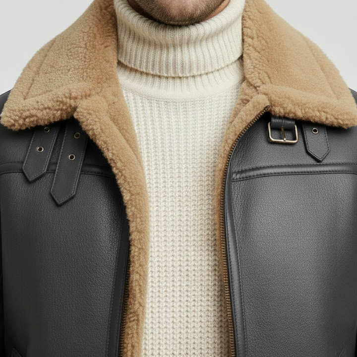 Pánská kožená bunda s beránkem v barvě velbloudí srsti na zimu