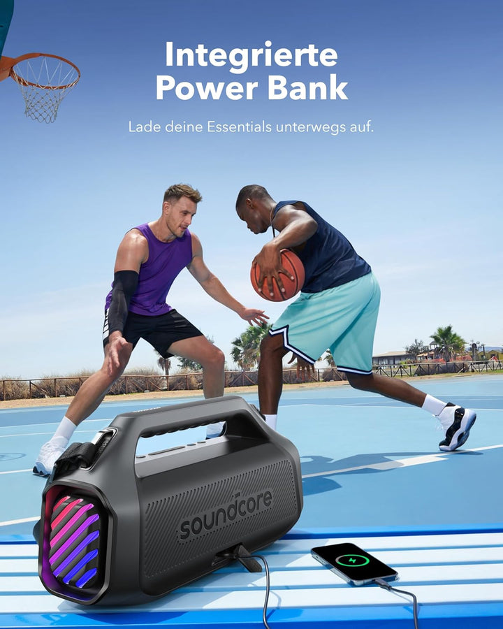 soundcore Boom 2 Plus Outdoor Lautsprecher, 140W, 2+2 Channel, BassUp 2.0, 20h, Schnellladung, IPX7 wasserdicht, RGB Lichter, USB-C, Power Bank, BT 5.3, tragbarer Bluetooth Lautsprecher, Camping