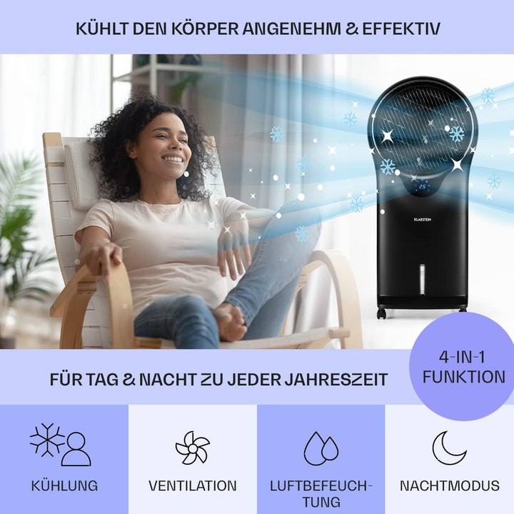 Klarstein Luftkühler mit Wasserkühlung, 3-in-1 Verdunstungskühler, Luftbefeuchter & Ventilator, Mobile Klimageräte Luftkühler mit 5,5L Tank, 90W Air Cooler mit Nachtmodus, 1600m³/h Luftstrom