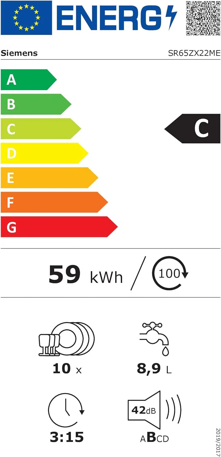 Siemens SR65YX08ME, iQ500 Smarter Geschirrspüler Vollintegriert, 45 cm breit, Besteckschublade, Zeolith, extra leise, aquaStop, automatische Türöffnung nach Programmende, varioSpeed, Innenbeleuchtung