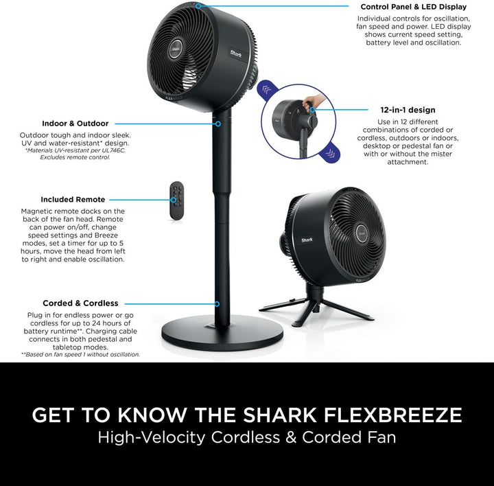 Shark FlexBreeze 2-in-1-Ventilator mit hoher Geschwindigkeit, Hybrid-Ventilator mit Kabel und kabellos, für den Innen- und Außenbereich, mit Fernbedienung, Neigung, verstellbar, UV-beständig und