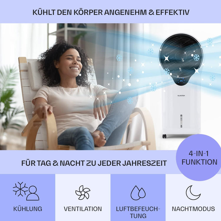 Klarstein Luftkühler mit Wasserkühlung, 3-in-1 Verdunstungskühler, Luftbefeuchter & Ventilator, Mobile Klimageräte Luftkühler mit 5,5L Tank, 90W Air Cooler mit Nachtmodus, 1600m³/h Luftstrom