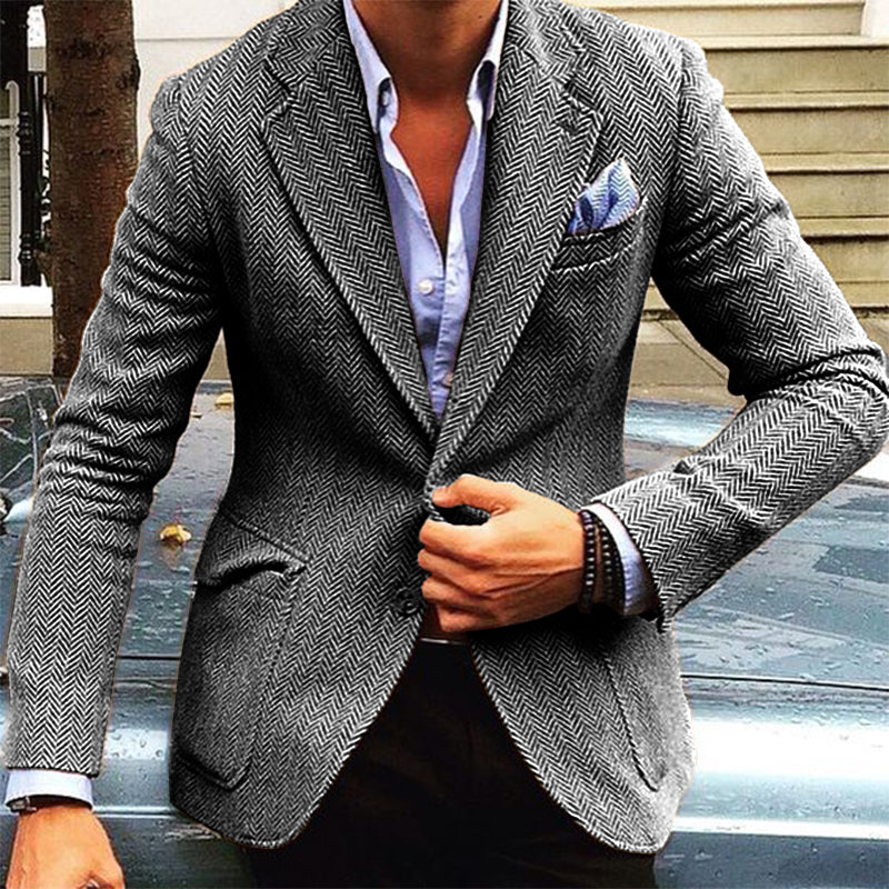 Blazer en laine vintage avec motif chevrons et col pour homme