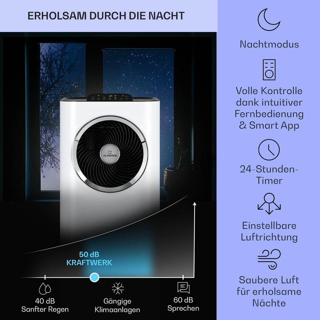 Klarstein Mobile Klimaanlage mit Abluftschlauch, 5-in-1 Klimagerät, Ventilator, Luftentfeuchter, Luftreiniger & Nachtmodus, App-Steuerung, Kleine & Portable, für Wohnung & Büro, 12000 BTU