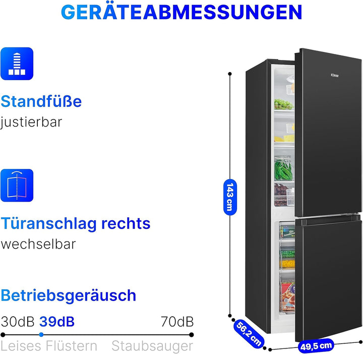 Bomann® Kühlschrank mit Gefrierfach 143cm hoch | Kühl Gefrierkombination 175L mit 3 Ablagen & 3 Schubladen | Türanschlag wechselbar | leise Kühlgefrierkombi 39db | Kühlschrank KG 322.1 inox-look