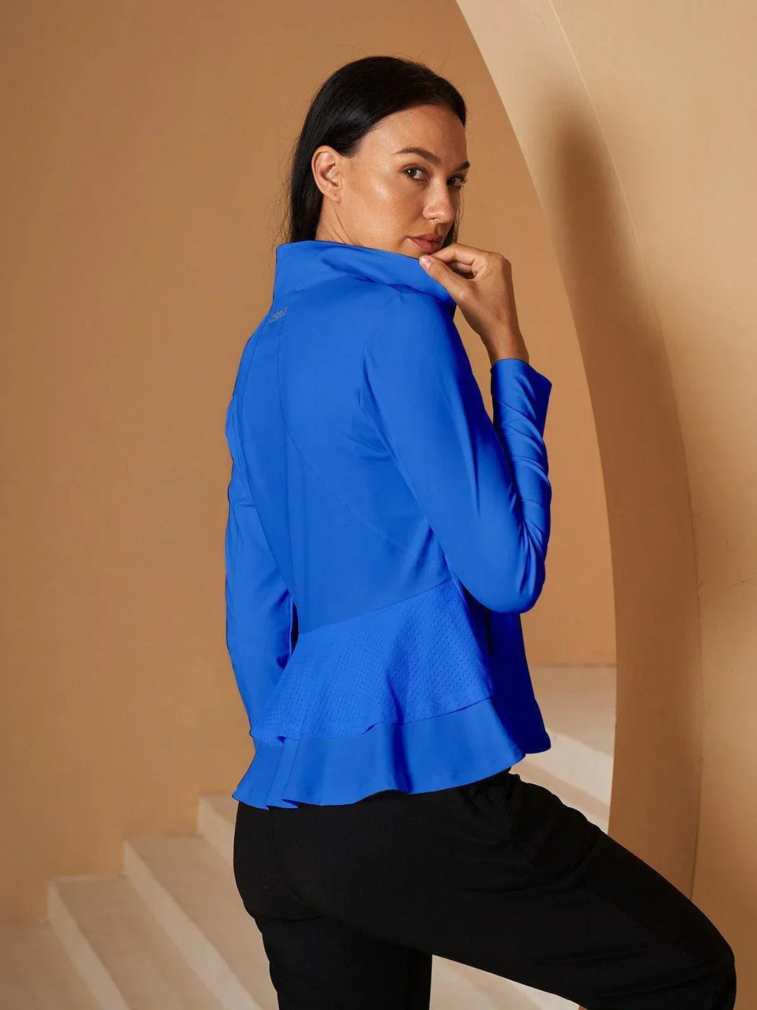 Dámská golfová bunda s ochranou proti slunci | Lehká sportovní bunda na zip s volánkovým detailem