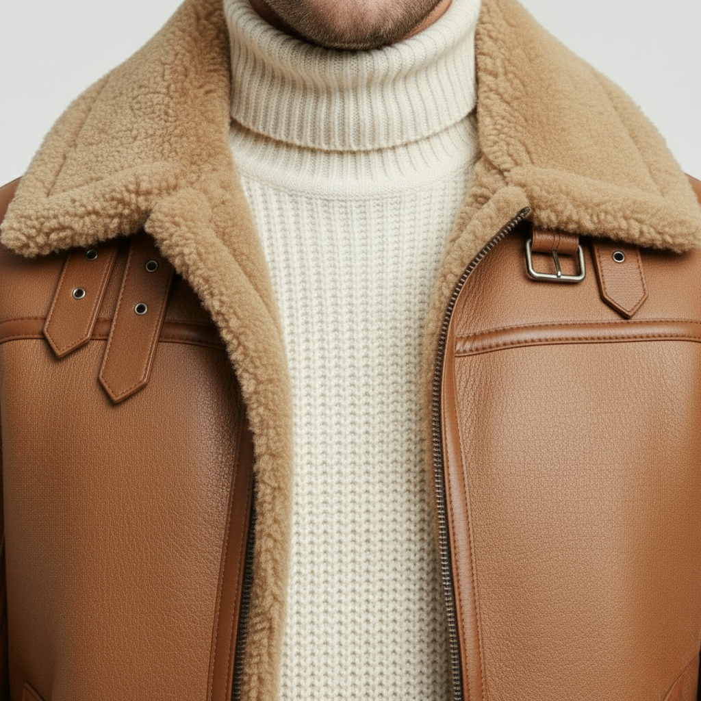 Pánská kožená bunda s beránkem v barvě velbloudí srsti na zimu