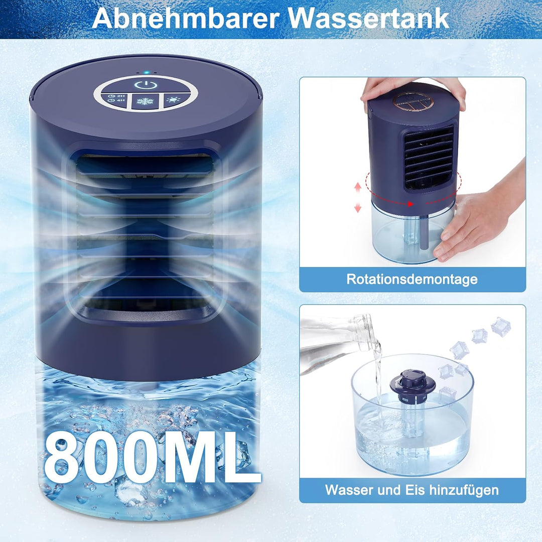 RenFox Klimagerte Mini Luftkühler, 5 in 1 Mobile Klimaanlage, Air Cooler Klimagert, Ventilator, Luftbefeuchter, 3 Geschwindigkeiten, 7 LED Luftkühler Klein für Zuhause und Büro