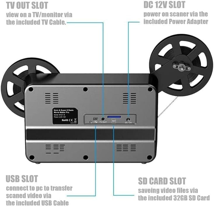 Super 8 Film Scanner, Converts Film in Digitales Video(3, 5, 7 und 9 Super 8/8 mm Film Rollen) MovieMaker/Film Digitizer, Super 8 Digitalisieren, mit 32 GB Speicherkarte und 2,4 LCD