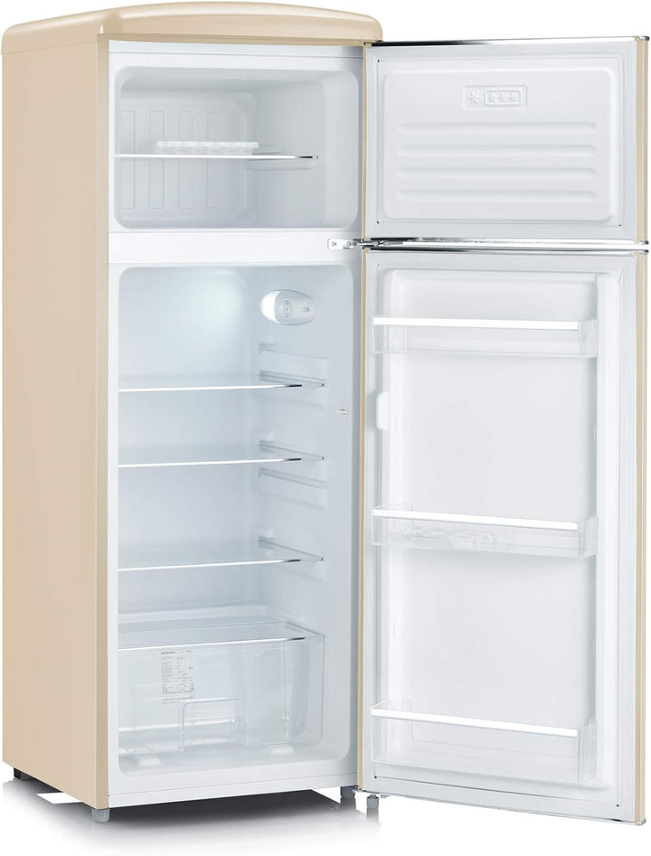 SEVERIN Retro - Kühl-/ Gefrierkombination, platzsparendes Raumwunder, 4 x höhenverstellbare Abstellflächen und eine große Veggiebox, 206 L Nutzinhalt, creme, RKG 8933