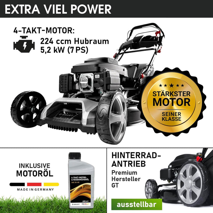 BRAST Benzin Rasenmäher mit Antrieb | 5,2kW (7PS) | 55cm Schnittbreite | viele Modelle | TÜV | 30-80mm Schnitthöhe | 60L Fangkorb | 4 Takt OHV Motor | Stahlgehäuse | Power