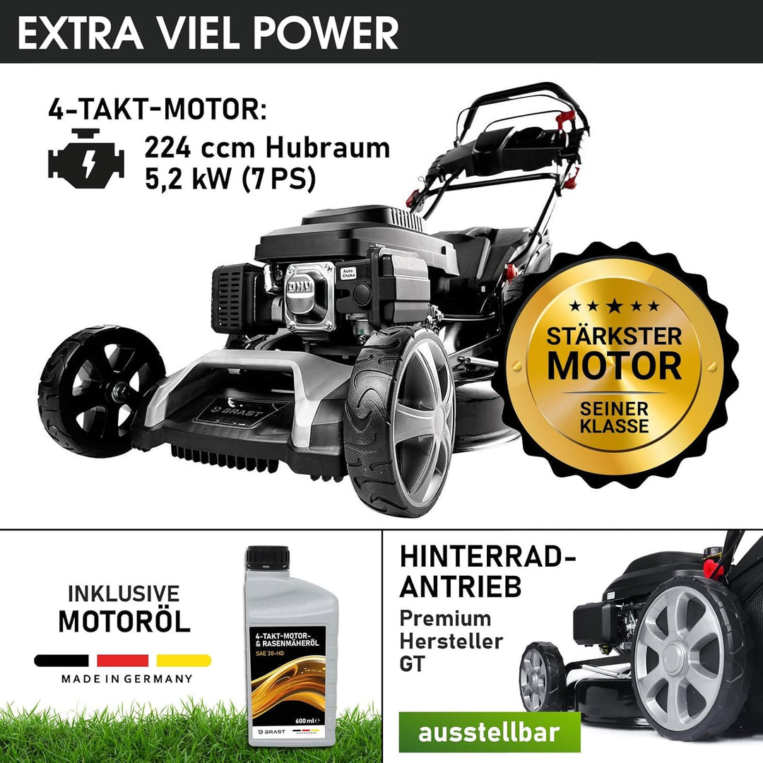 BRAST® Benzin Rasenmäher mit Antrieb | 5,2kW (7PS) | 55cm Schnittbreite | viele Modelle | TÜV | 30-80mm Schnitthöhe | 60L Fangkorb | 4 Takt OHV Motor | Stahlgehäuse | Power
