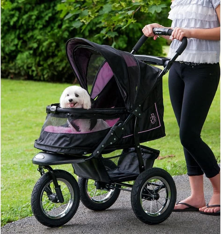 No-Zip NV Haustier-Buggy für Katzen/Hunde, Einstieg ohne Reißverschluss, einfaches Zusammenklappen mit einer Hand, Reifen mit Gelfüllung, Plüschpolster + Wetterschutz inklusive, 3 Farben