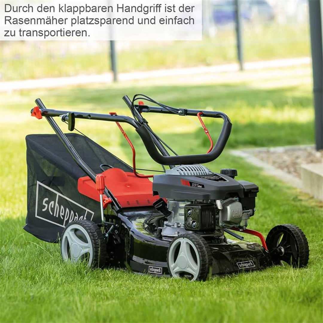 Scheppach Rasenmäher RM420 | 3in1-3,4PS | Schnittbreite 420mm | 45L Fangkorb | Schnitthöhenverstellung 25-75 mm | inkl. Motoröl