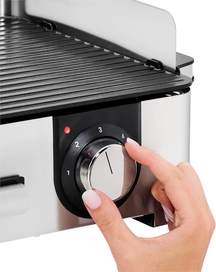 WMF Lono Master-Grill, Elektrogrill, 50x28 cm, Elektrogrill Tischgrill mit Windschutz und Auffangschale, Outdoorzertifiziert für Barbecue, 2 getrennt regulierbare Grillflächen, 2400 W, edelstahl matt